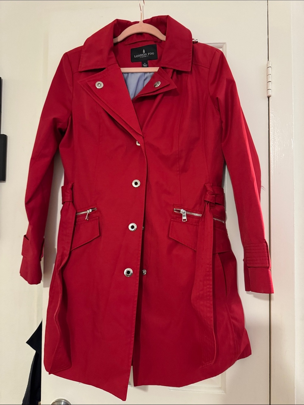 London Fog Vibrant Red Trench Coat with Zip Pocket Details